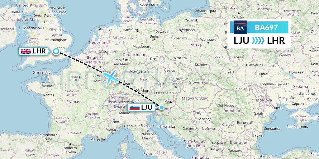 BA697 British Airways Flight Map: Ljubljana to London