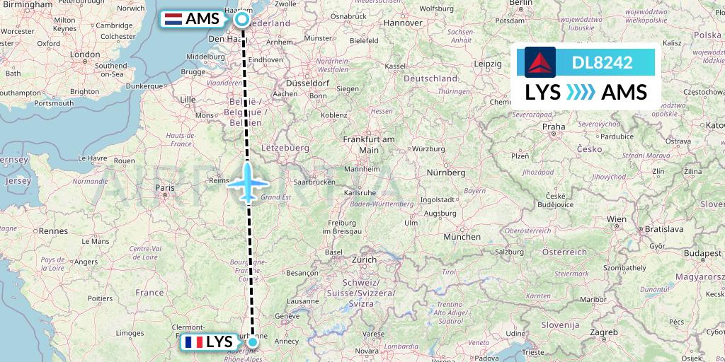 DL8242 Delta Air Lines Flight Map: Lyon to Amsterdam