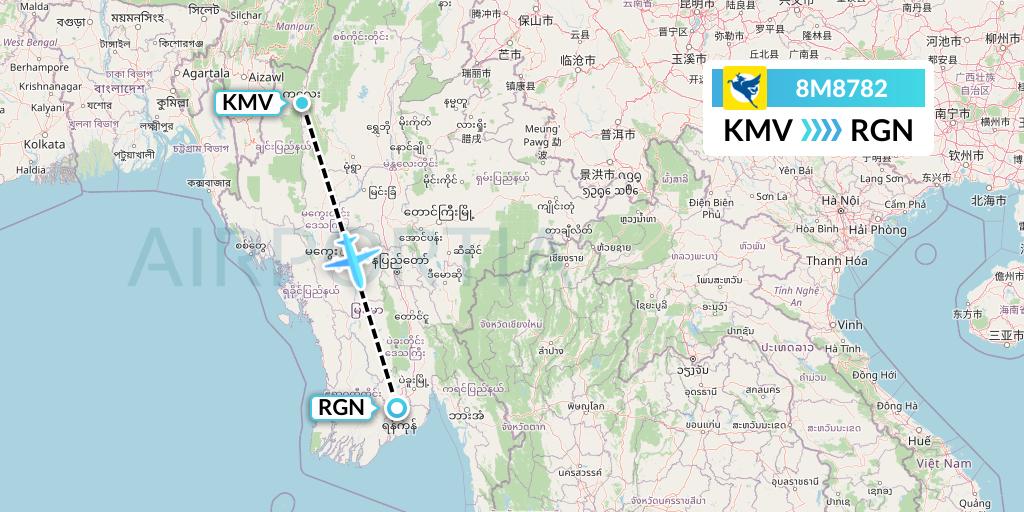 8M8782 Myanmar Airways International Flight Map: Kalemyo to Yangon