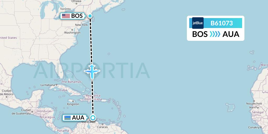B61073 JetBlue Airways Flight Map: Boston to Oranjestad