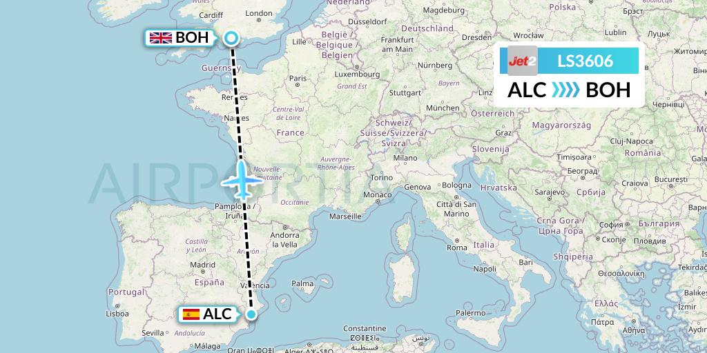 LS3606 Jet2 Flight Map: Alicante to Bournemouth
