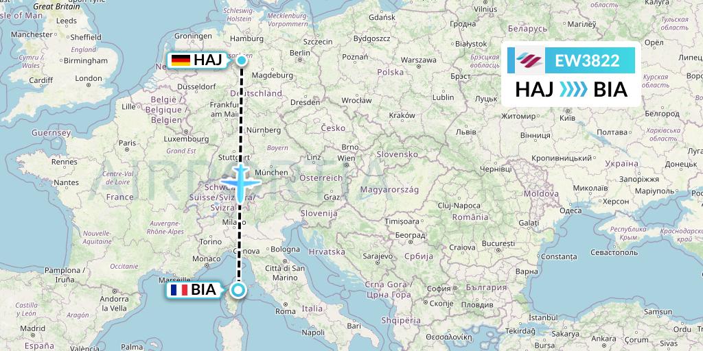 EW3822 Eurowings Flight Map: Hannover to Bastia