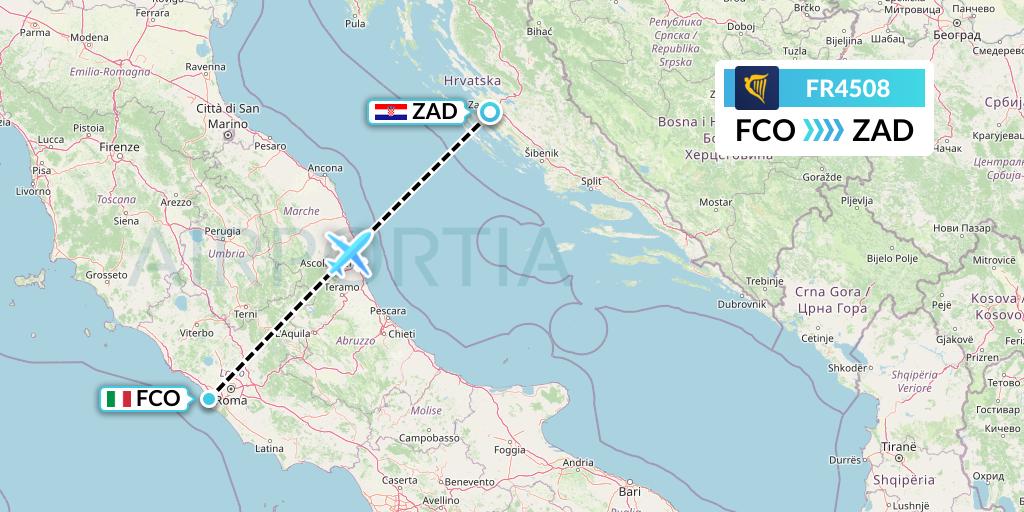 FR4508 Ryanair Flight Map: Rome to Zadar