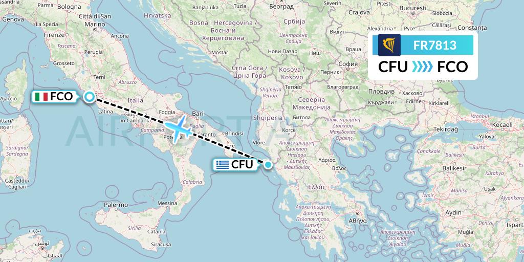 FR7813 Ryanair Flight Map: Corfu to Rome