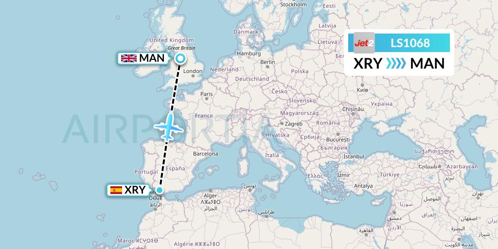 LS1068 Jet2 Flight Map: Jerez to Manchester