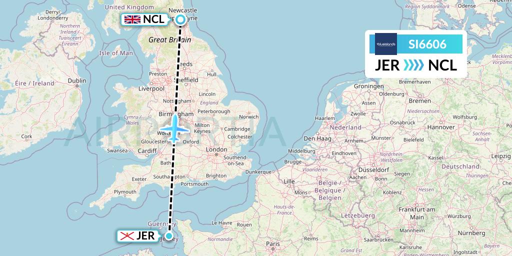 SI6606 Blue Islands Flight Map: Jersey to Newcastle