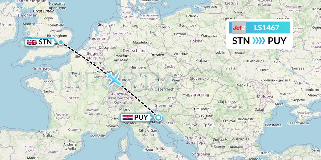 LS1467 Jet2 Flight Map: London to Pula