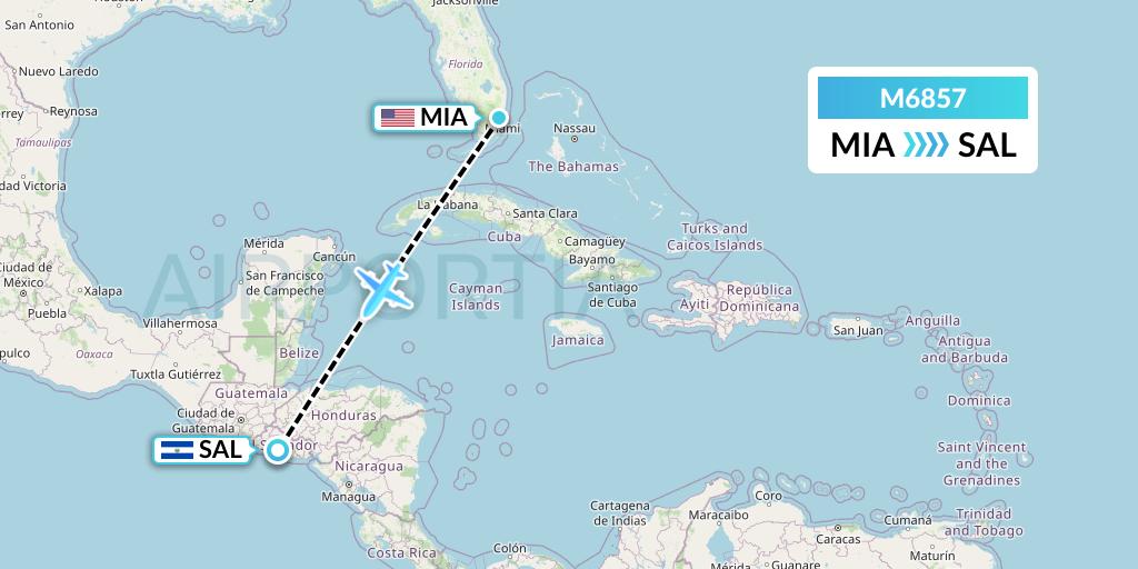 M6857 Amerijet International Flight Map: Miami to San Salvador