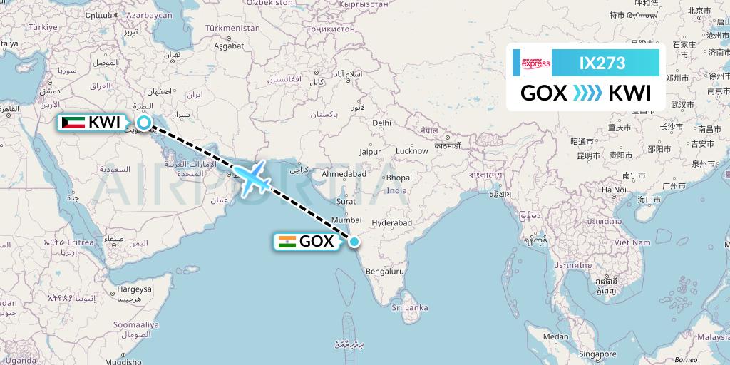 IX273 Air India Express Flight Map: Goa to Kuwait City