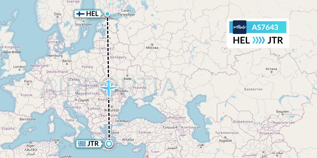 AS7643 Alaska Airlines Flight Map: Helsinki to Santorini