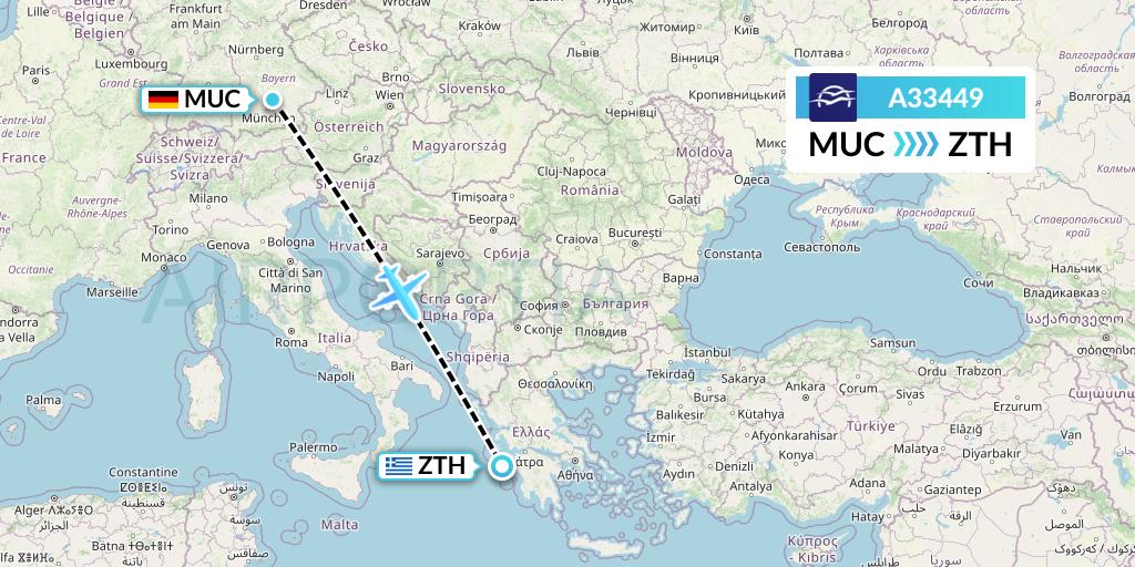 A33449 Aegean Airlines Flight Map: Munich to Zakynthos