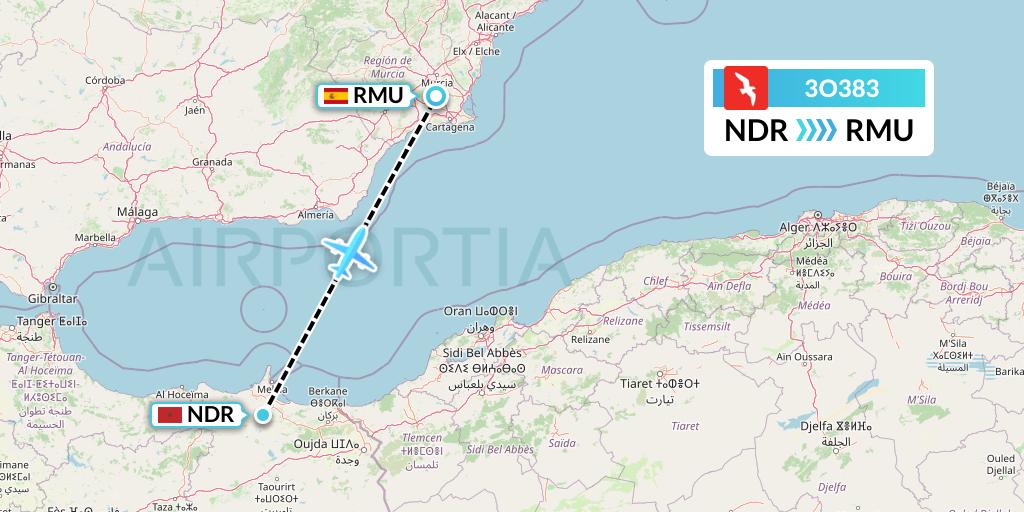 3O383 Air Arabia Maroc Flight Map: Nador to Murcia