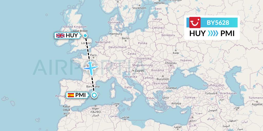 BY5628 TUI Airways Flight Map: Humberside to Palma de Mallorca