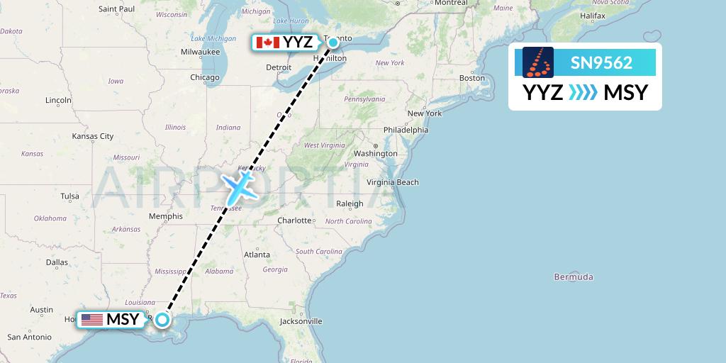 SN9562 Brussels Airlines Flight Map: Toronto to New Orleans