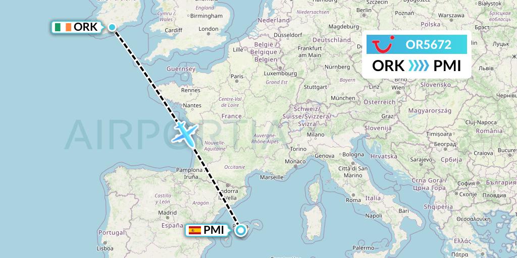 OR5672 TUI fly Netherlands Flight Map: Cork to Palma de Mallorca