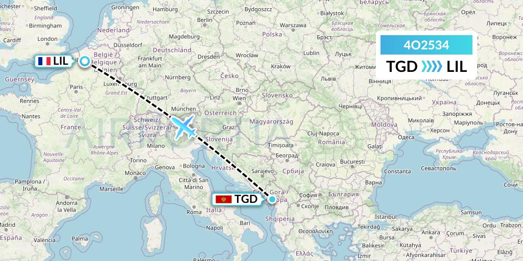 4O2534 Air Montenegro Flight Map: Podgorica to Lille