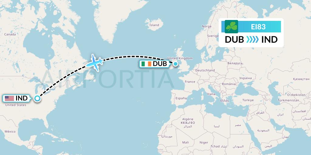 EI83 Aer Lingus Flight Map: Dublin to Indianapolis
