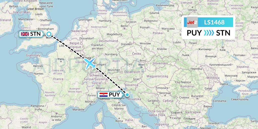 LS1468 Jet2 Flight Map: Pula to London