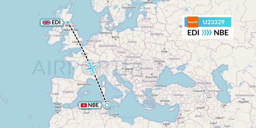 U23329 EasyJet Flight Map: Edinburgh to Enfidha