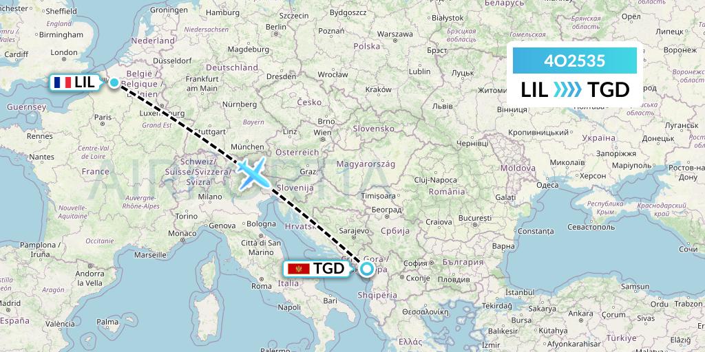 4O2535 Air Montenegro Flight Map: Lille to Podgorica