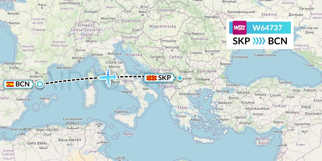 W64737 Wizz Air Flight Map: Skopje to Barcelona