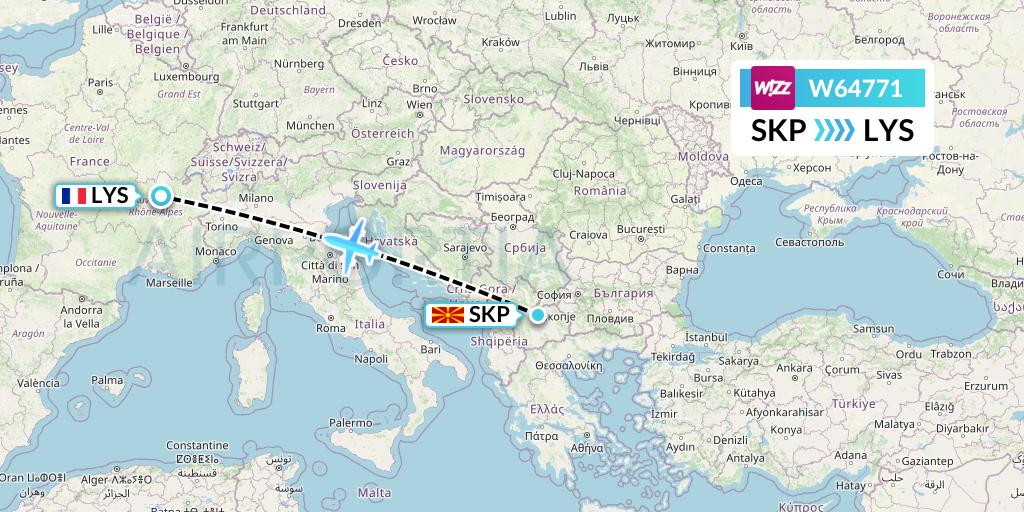 W64771 Wizz Air Flight Map: Skopje to Lyon