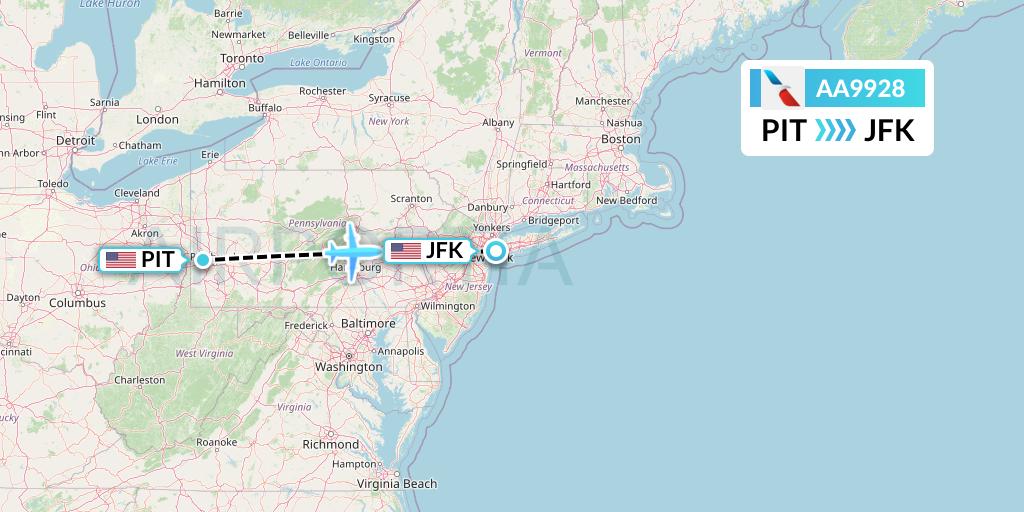 AA9928 American Airlines Flight Map: Pittsburgh to New York