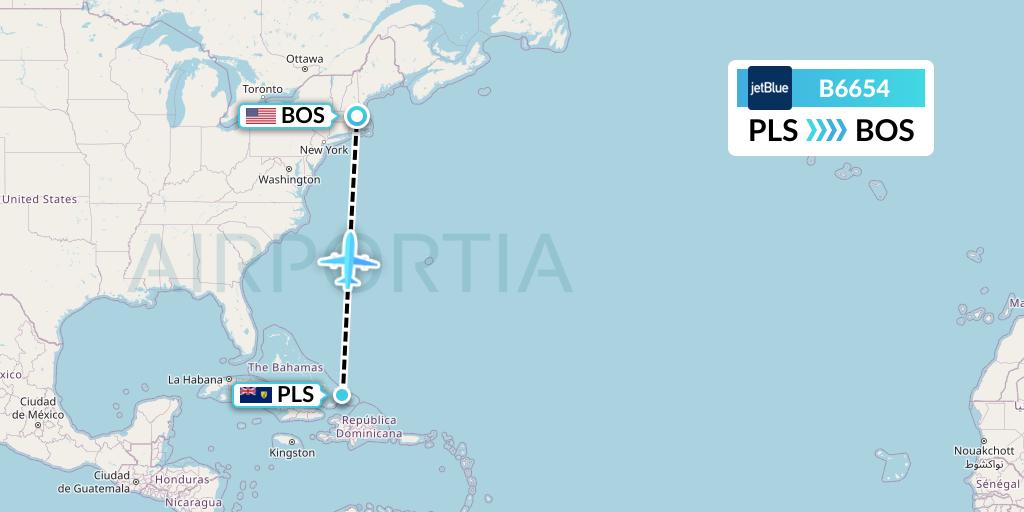B6654 JetBlue Airways Flight Map: Providenciales to Boston