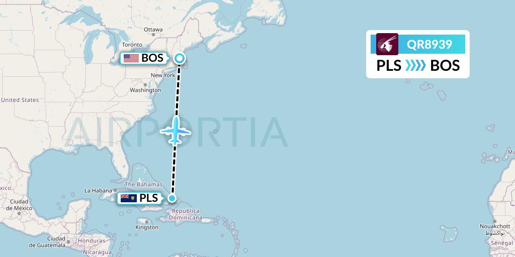 QR8939 Qatar Airways Flight Map: Providenciales to Boston