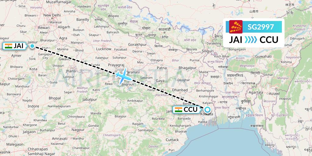 SG2997 SpiceJet Flight Map: Jaipur to Kolkata