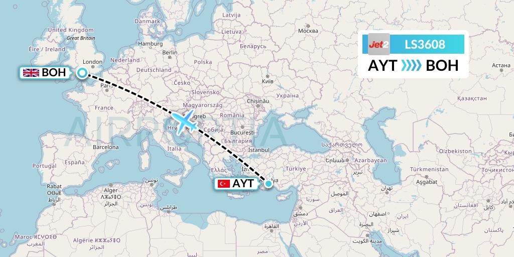 LS3608 Jet2 Flight Map: Antalya to Bournemouth