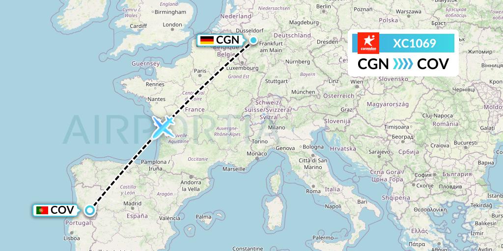 XC1069 Corendon Airlines Flight Map: Cologne to Portugal