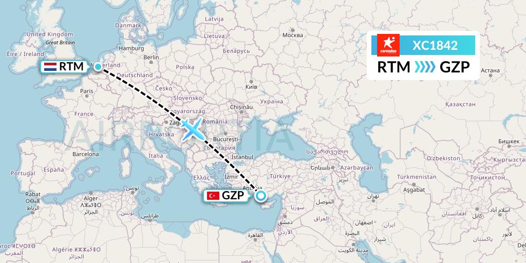 XC1842 Corendon Airlines Flight Map: Rotterdam to Gazipasa