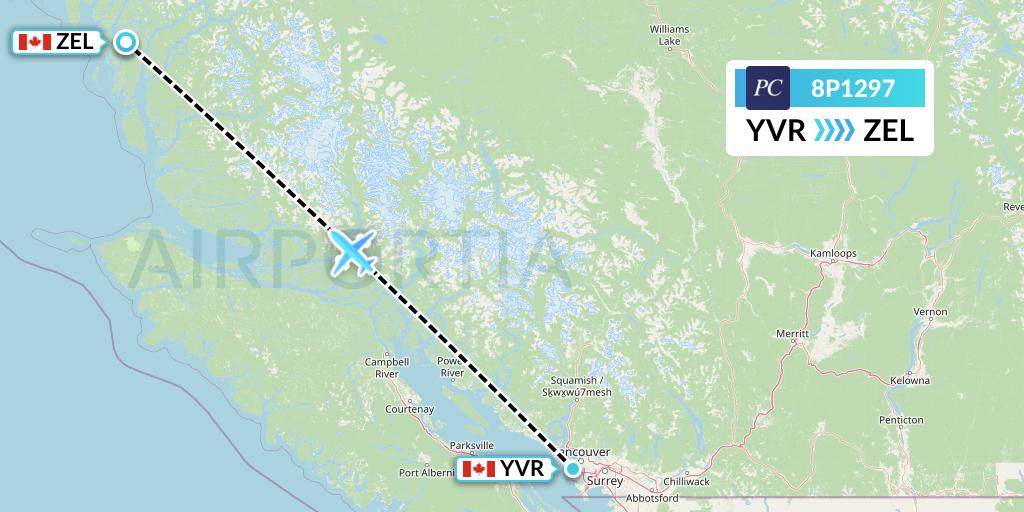 8P1297 Pacific Coastal Airlines Flight Map: Vancouver to Bella Bella