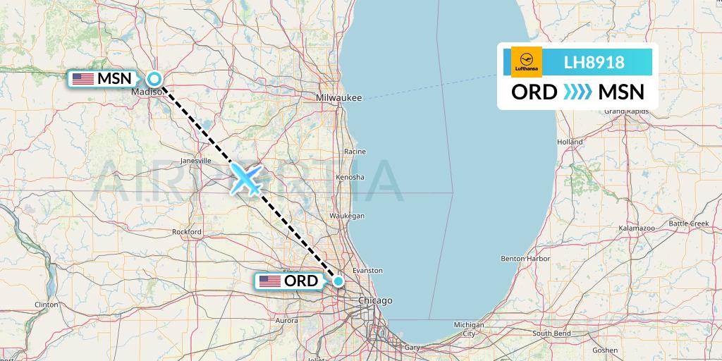 LH8918 Lufthansa Flight Map: Chicago to Madison