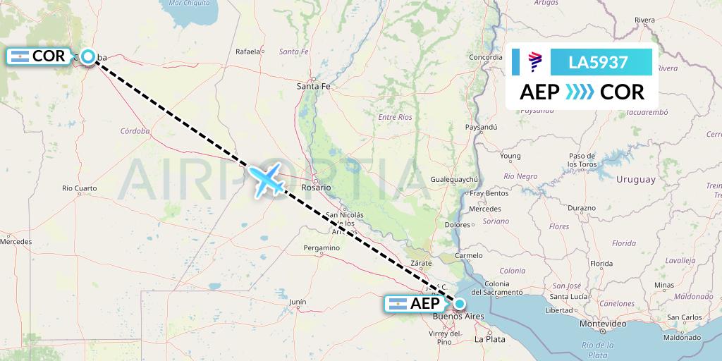 LA5937 LAN Airlines Flight Map: Buenos Aires to Cordoba