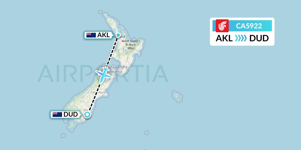 CA5922 Air China Flight Map: Auckland to Dunedin