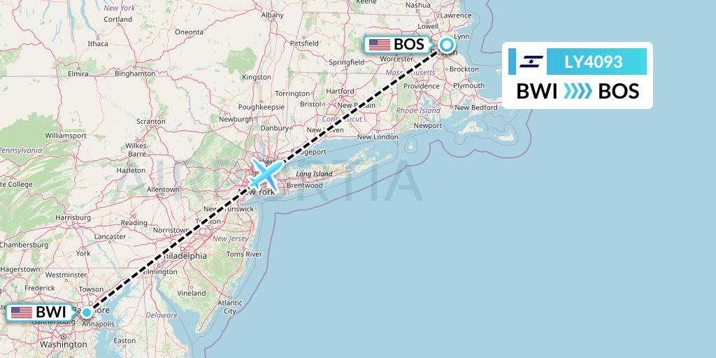 LY4093 El Al Flight Map: Baltimore to Boston
