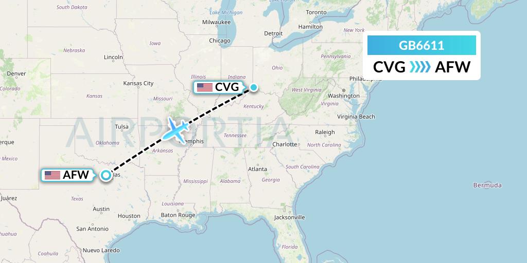 GB6611 ABX Air Flight Map: Cincinnati to Fort Worth