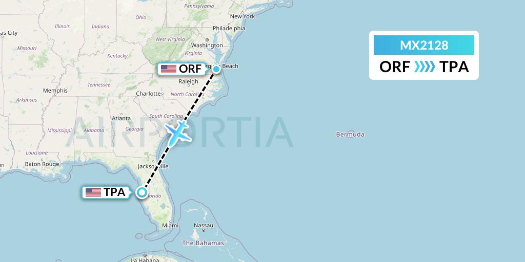 MX2128 Breeze Airways Flight Map: Norfolk to Tampa