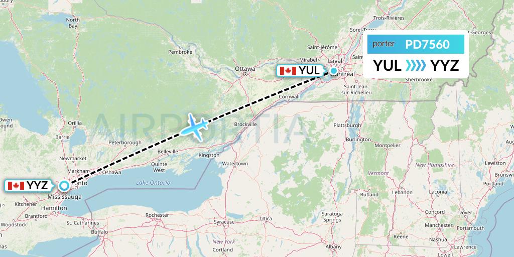 PD7560 Porter Airlines Flight Map: Montreal to Toronto