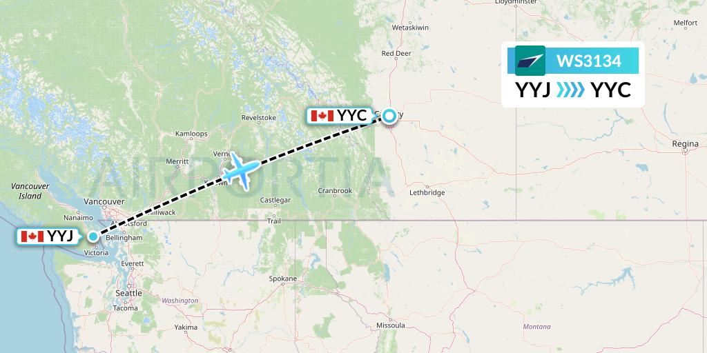 WS3134 WestJet Flight Map: Victoria to Calgary