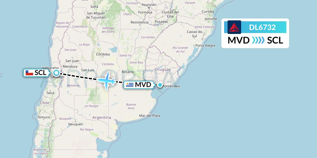 DL6732 Delta Air Lines Flight Map: Montevideo to Santiago