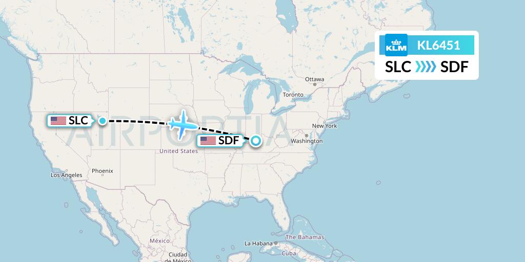 KL6451 KLM Flight Map: Salt Lake City to Louisville