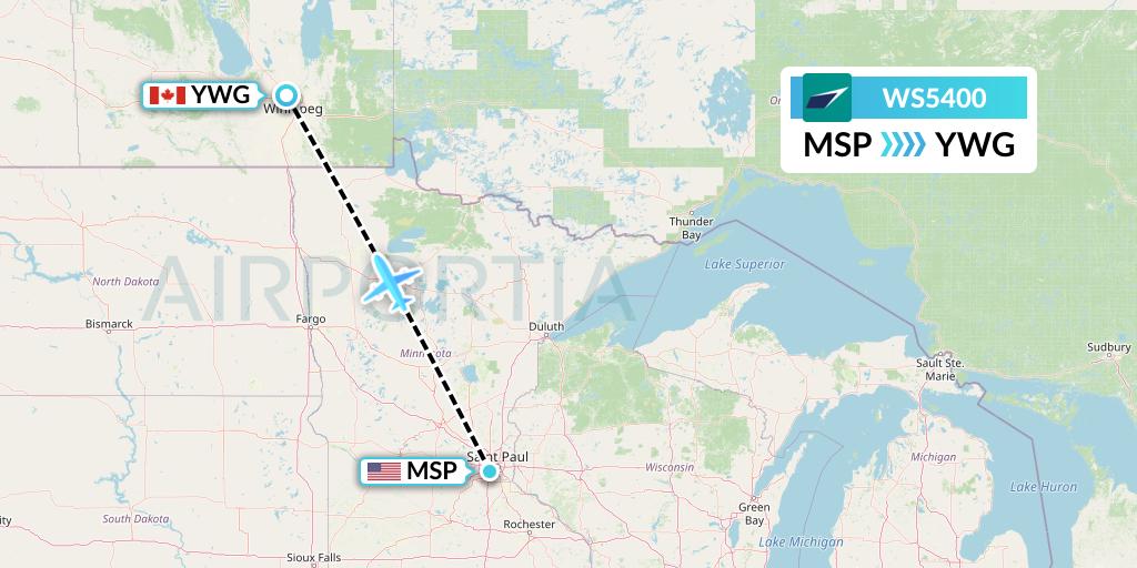 WS5400 WestJet Flight Map: Minneapolis to Winnipeg
