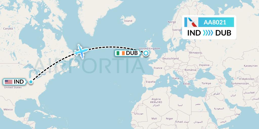 AA8021 American Airlines Flight Map: Indianapolis to Dublin