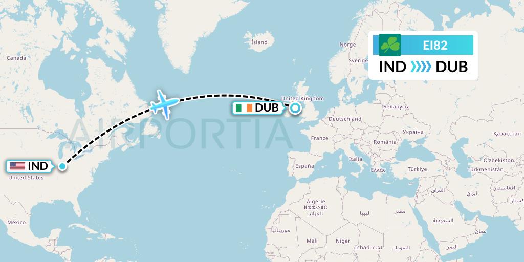 EI82 Aer Lingus Flight Map: Indianapolis to Dublin
