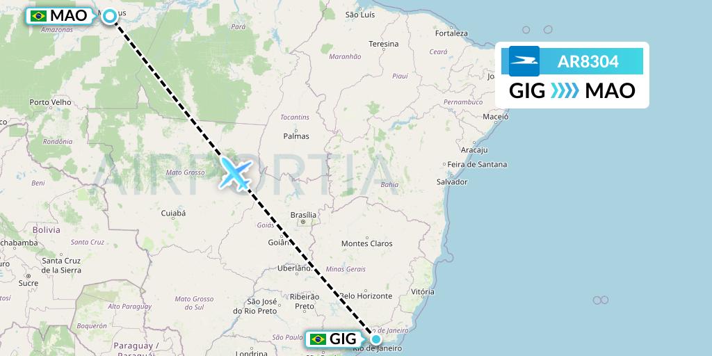 AR8304 Aerolineas Argentinas Flight Map: Rio de Janeiro to Manaus