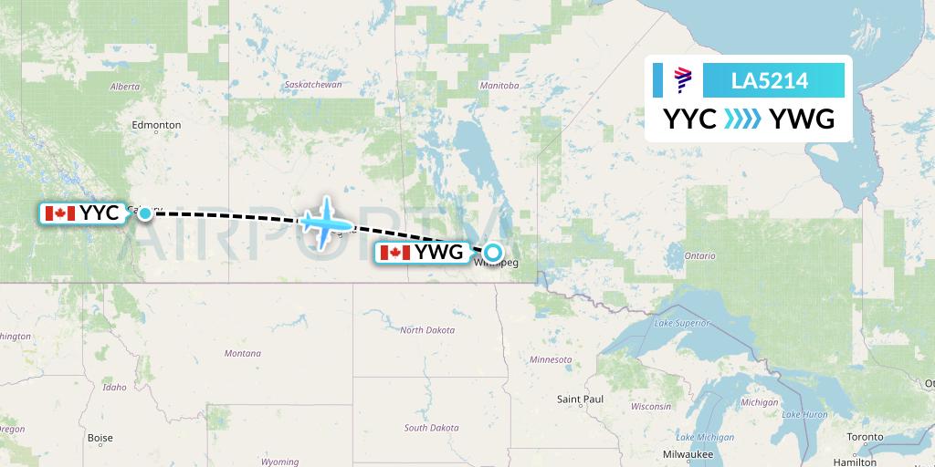 LA5214 LAN Airlines Flight Map: Calgary to Winnipeg