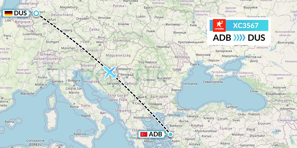XC3567 Corendon Airlines Flight Map: Izmir to Dusseldorf